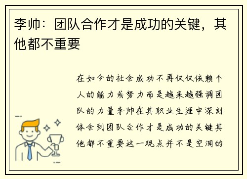 李帅：团队合作才是成功的关键，其他都不重要