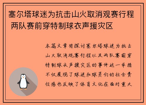 塞尔塔球迷为抗击山火取消观赛行程 两队赛前穿特制球衣声援灾区