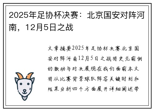 2025年足协杯决赛：北京国安对阵河南，12月5日之战