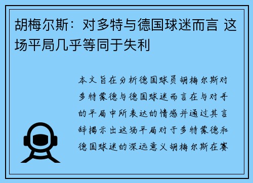 胡梅尔斯：对多特与德国球迷而言 这场平局几乎等同于失利