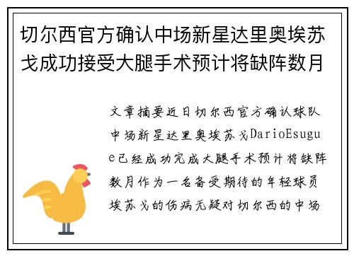 切尔西官方确认中场新星达里奥埃苏戈成功接受大腿手术预计将缺阵数月